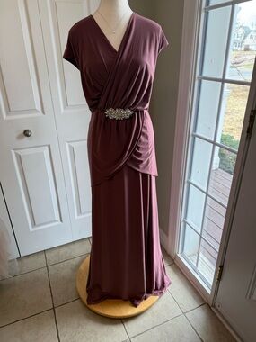Oleg Cassini Dusty Rose Wrap-Front Maxi Dress with Jeweled Waist